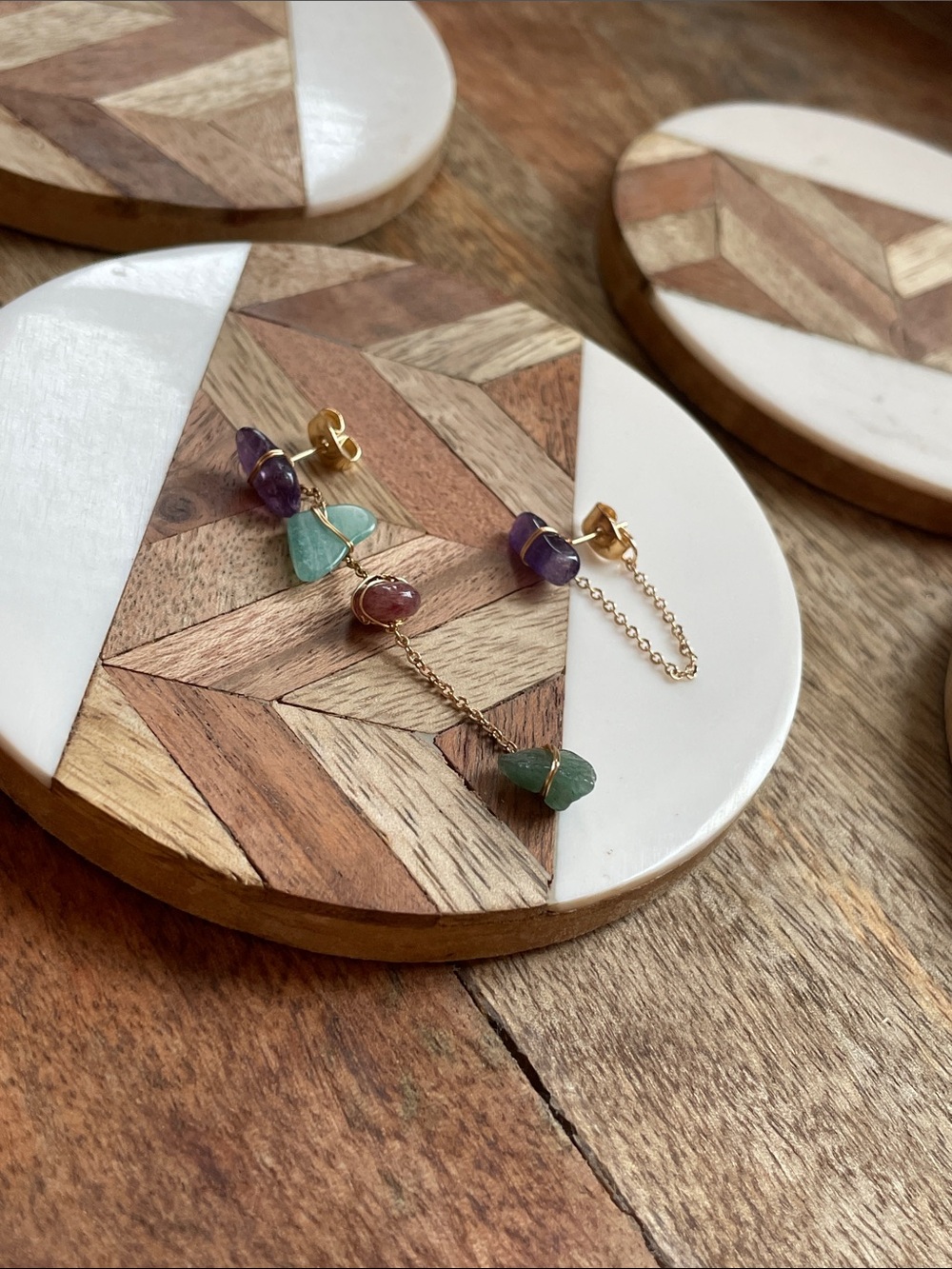 Gold Multi-Stone Dangle Earrings with Green and Purple Accents